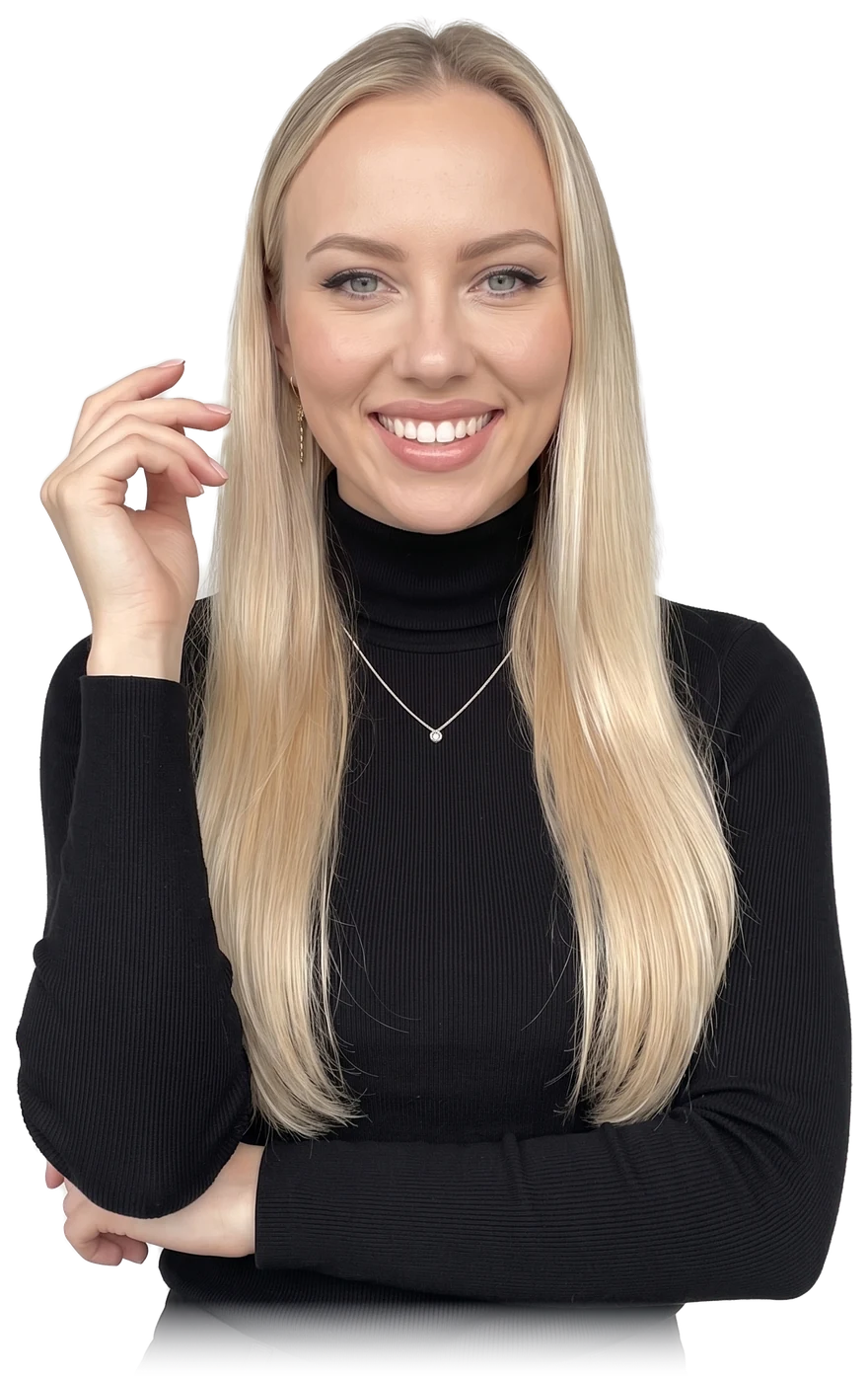 Kate V. smiling, in a black turtleneck, one hand raised near her shoulder, leaning on the PrivacyGirl wordmark.