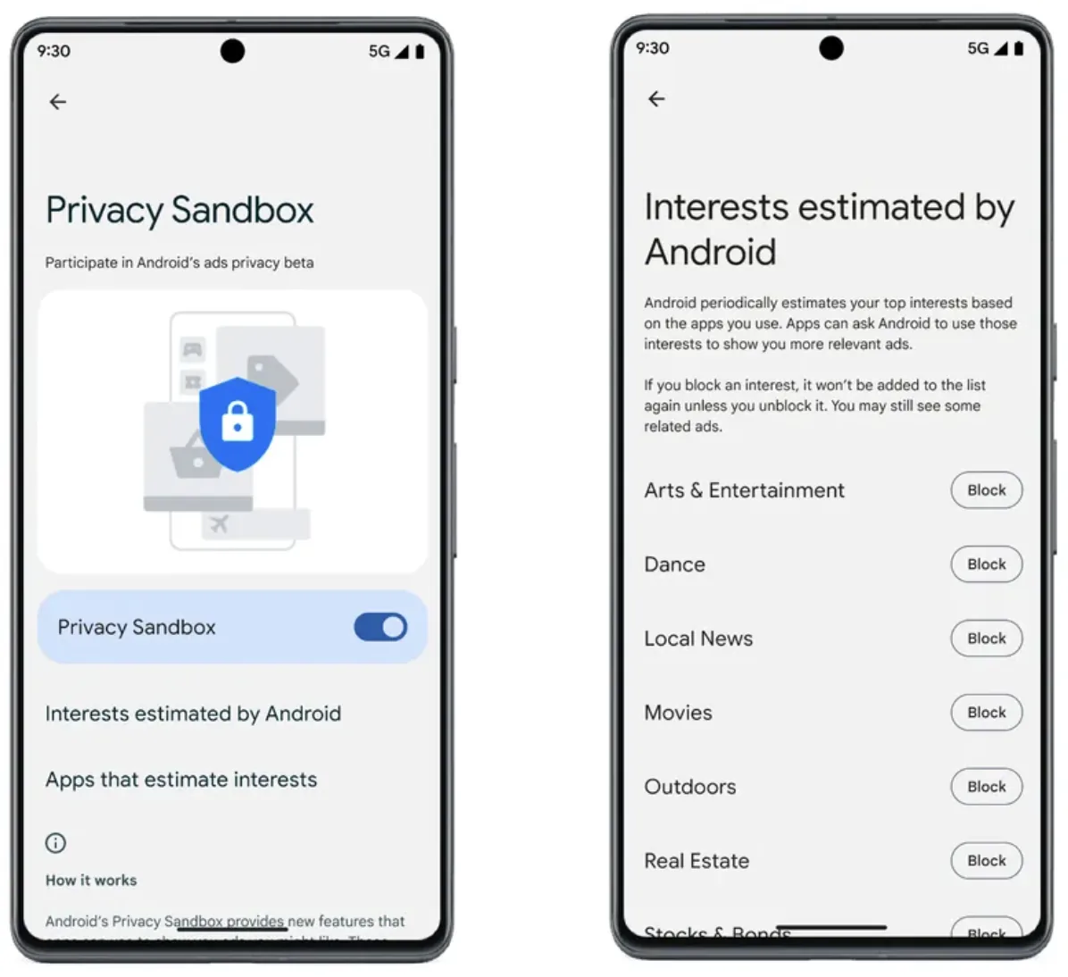Two Android screens: Privacy Sandbox settings with its toggle on, and the Interests estimated by Android list with Block buttons.