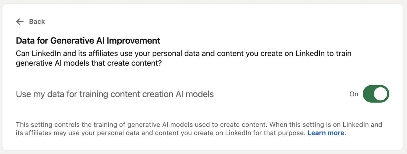 LinkedIn setting Data for Generative AI Improvement, with the toggle Use my data for training content creation AI models switched on.