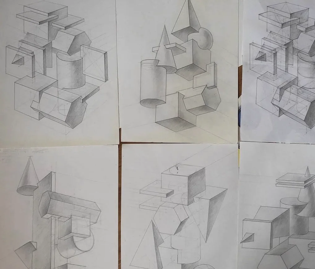 Pencil construction drawings of boxes, cylinders and cones.