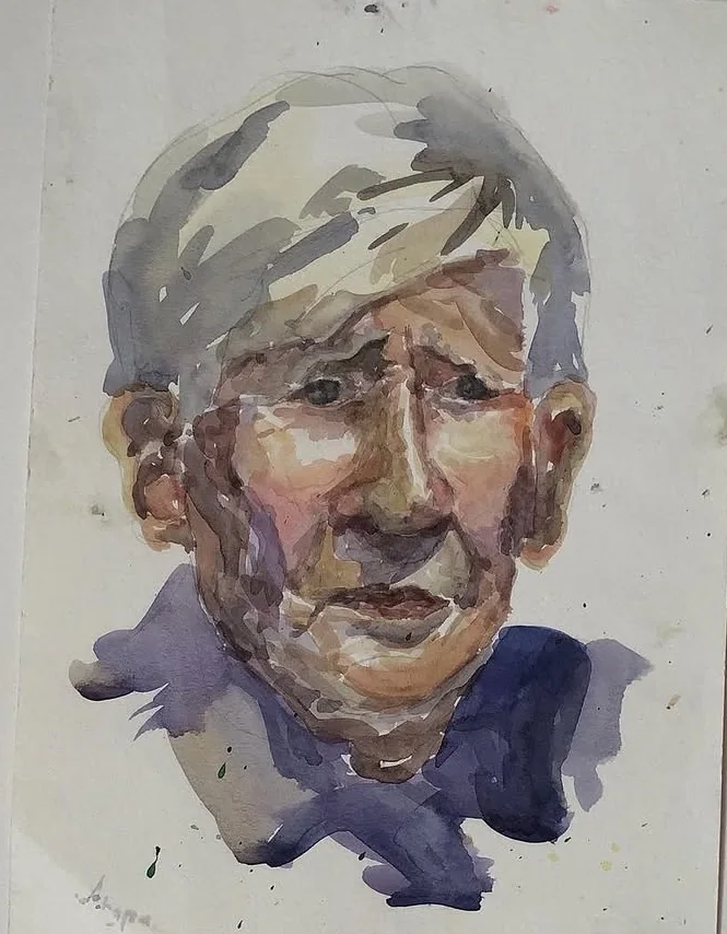 Watercolour portrait of an older man with white hair, painted in loose washes of grey, ochre and violet.